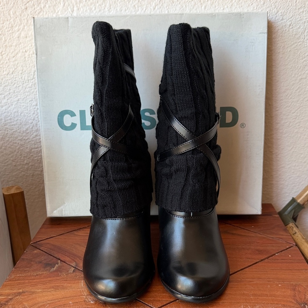Classified Black Knit-Shaft Heeled Boots with Cross-Strap Detail